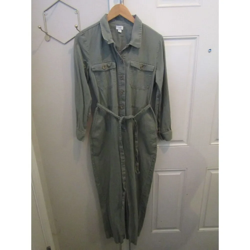 J Crew Utility Jumpsuit Womens 12 Green Belted Button Front Long Sleeve Boiler